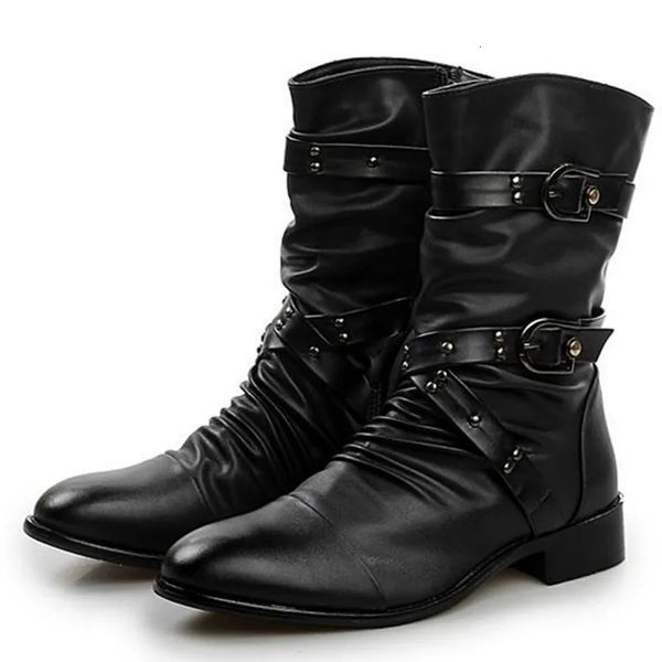 Dress Shoes Men's Leather Boots High Quality Biker Boots Black Punk Rock Shoes Men''s Tall Boots Size 38--48 231019