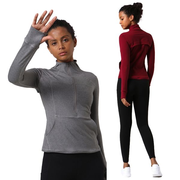 AL YOGA Designer Giacca da yoga da donna Mezza cerniera Mezza parte anteriore Collo alto T-shirt Stampata Corsa Fitness Manica lunga Copertura Dito Tempo libero Cappotto sportivo dimagrante