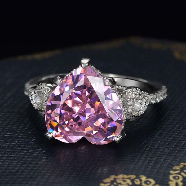 Coração cortado 5ct rosa safira diamante anel 100% original 925 prata esterlina noivado casamento anéis de banda para mulher jóias297g
