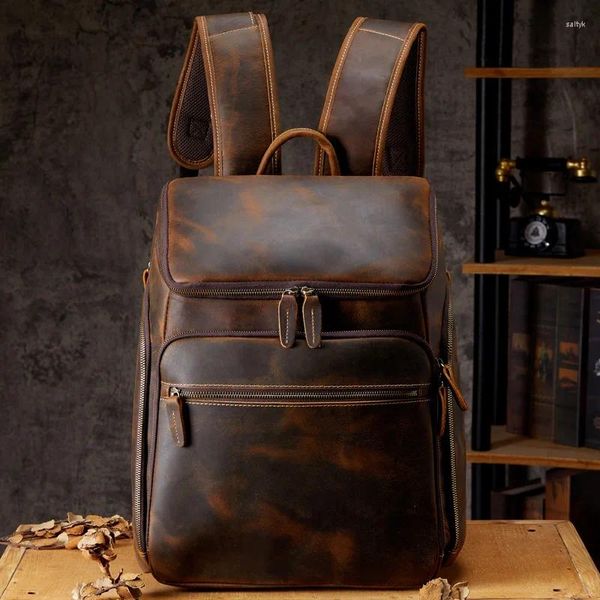 Rucksack Vintage Crazy Horse Leder Herren Oberschicht Rindsleder Reise Große Kapazität Schultasche 15,6 Zoll Laptop Luufan