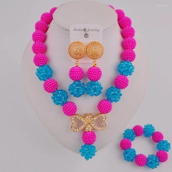 Halskette-Ohrringe-Set, hübsches Fuchsia-Rosa und Seeblau, afrikanischer nigerianischer Perlenschmuck SP1-15