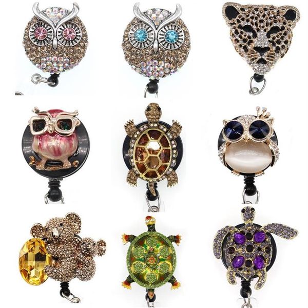 Portachiavi con strass di cristallo animale tartaruga tigre porta badge identificativo bobina retrattile per decorazione regalo290Y