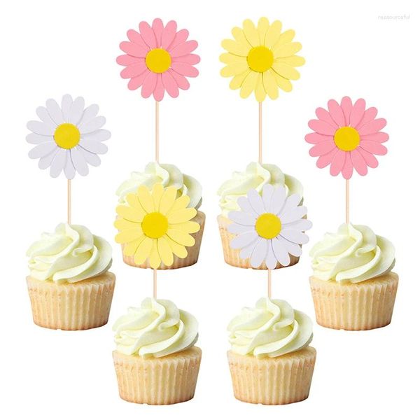 Suprimentos festivos 20 peças branco rosa amarelo multi camadas 3d margarida flor bolo topper decorações de festa de aniversário decoração de casamento