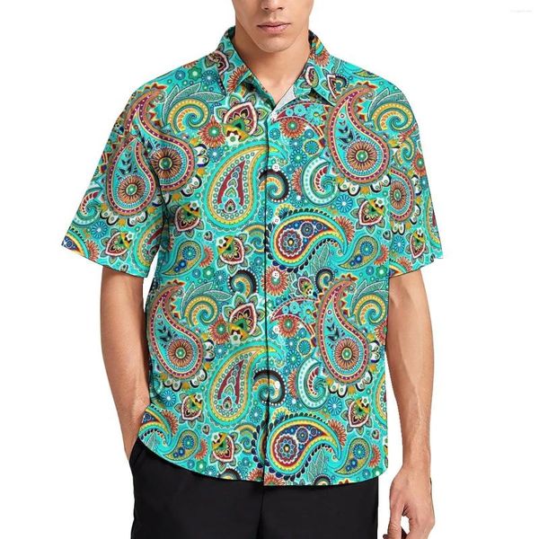 Camisas casuais masculinas colorido paisley camisa solta homens praia vintage impressão havaiana personalizado manga curta engraçado blusas de grandes dimensões