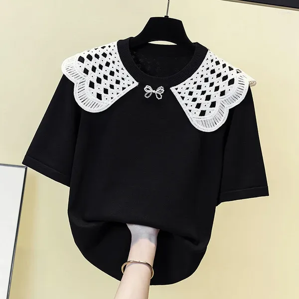Kadın Sweaters Moda Yay Beading Şık Sweater Külot Kadın Örgü Tişört Üstler 2023 Yaz Çizme Dantel Zarif Örgü Çekme