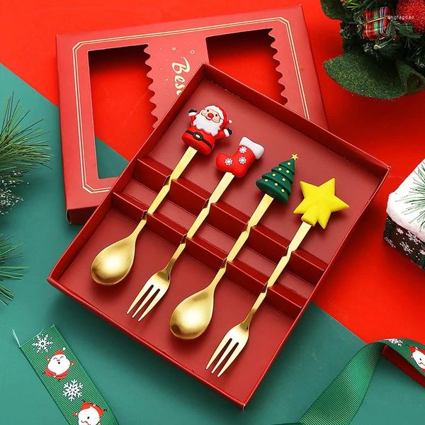 Set di stoviglie 4 pezzi / set cartone animato bambola di Natale cucchiai forchetta confezione regalo caffè cucchiaio da dessert festa di Natale decorazioni per la tavola in acciaio inossidabile