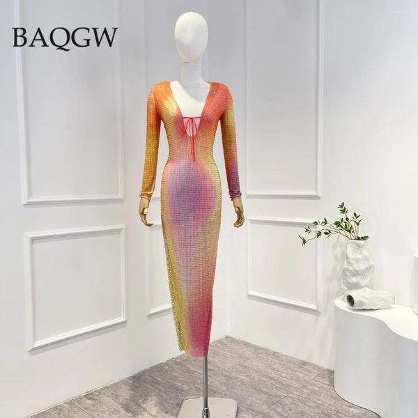 Lässige Kleider Hohe Qualität Frühling Sommer Glänzende Diamanten Patchwork Grün Orange Gradient Midi Bodycon Luxus Party Lange Für Frauen