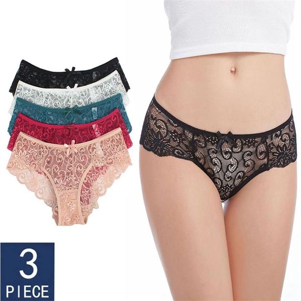 Elovegirl 3 pçs algodão respirável cintura baixa briefs sexy renda breve cuecas femininas transparente roupa interior senhoras oco para fora panty236m