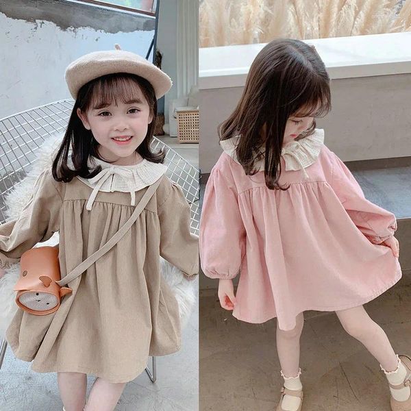 Vestidos de menina primavera outono bebê meninas algodão prega de retalhos de tração de punho de traje de gola longa vestido de mangas compridas garotas de saia doce roupas infantis