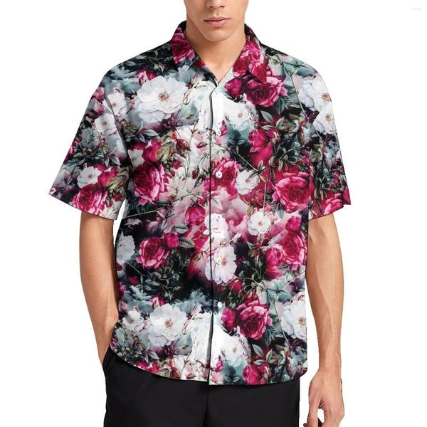 Camisas casuais masculinas rosa floral rosa e branco praia camisa havaiana streetwear blusas homens gráfico plus size