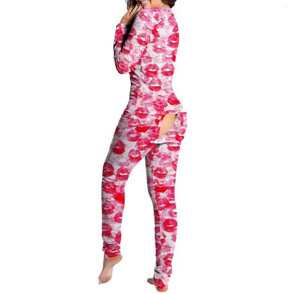 Mulheres Sleepwear Lip Imprimir Sexy Mulheres Recorte Funcional Abotoado Flap Adulto One-Peça Pijama Botão Design Plunge Lounge Macacão Longo