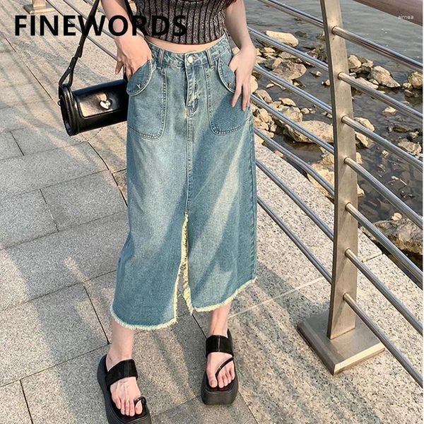 Röcke FIORDS Sommer Vintage Casual Front Split Lange Denim Frauen Streetwear Hohe Taille Koreanische Jeans Mit Zwei Taschen