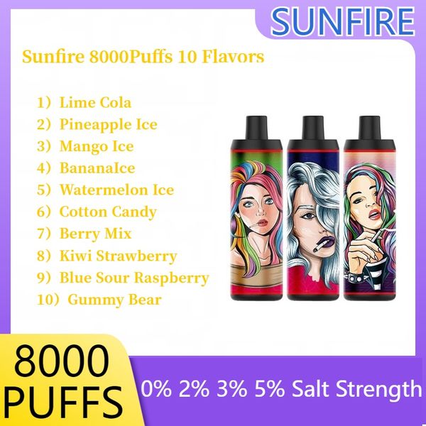 AUTENTICO Sunfire Puff 8000 Factory Vendita diretta in stile caldo OEM 15 ml E-juice Capacità e-frutto sapore multi-frutto DTL VAPE VAPE Sigaretta elettronica Wape 10 sapori