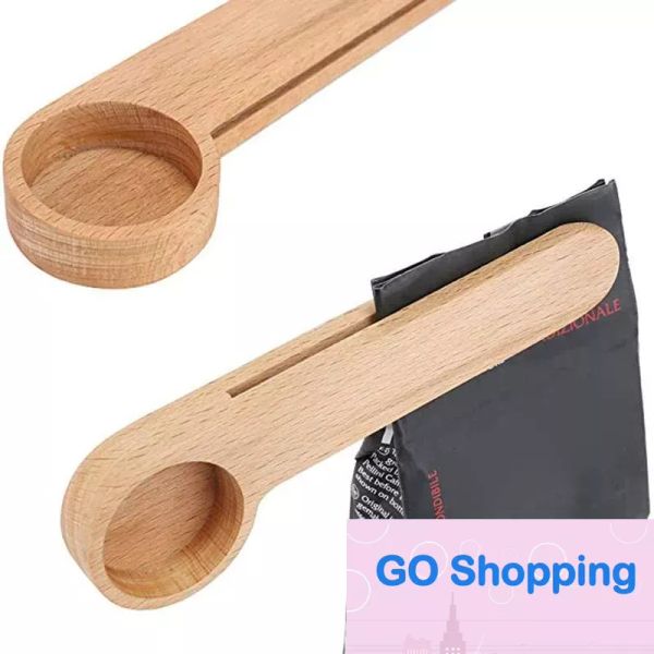 Großhandel Löffel Holz Kaffee Schaufel mit Bag Clip Esslöffel feste Buchenholz Messung Schaufel Tee Bohnenlöffel Clips Clips Clips