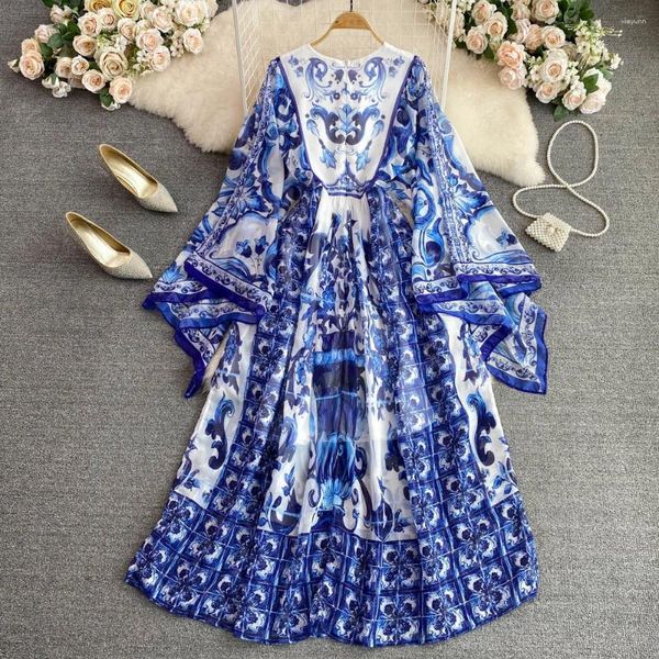 Бальные платья Макси-шифоновое платье для женщин 2023 Лето Богемный синий и белый фарфоровый принт Одежда длиной до пола с расклешенными рукавами Длинные платья