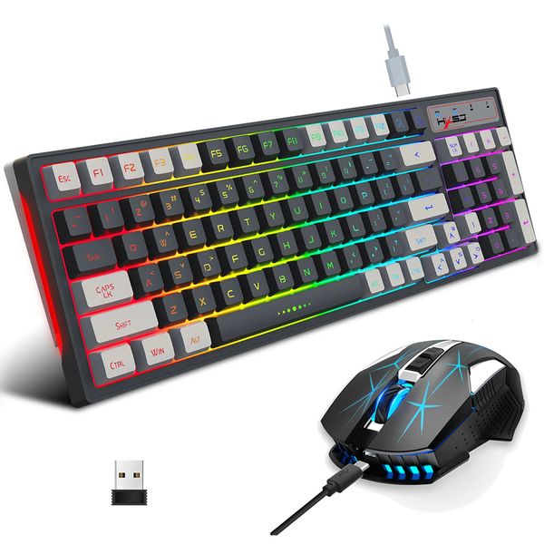 Teclado Mouse Combos HXSJ L99 2.4G Sem Fio Recarregável Combo 96 Teclas RGB Membrana Colorida Backlight Gaming Set 231019