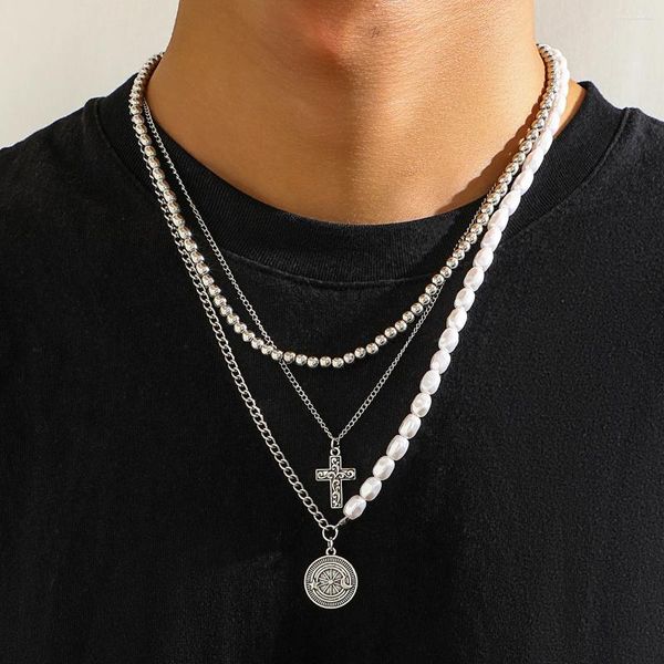 Ожерелья с подвесками KunJoe Punk, 3 шт./компл. CCB, ожерелье с крестом из бисера для мужчин, винтажное колье с кубинским звеном из искусственного жемчуга