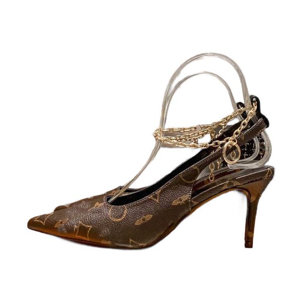 Сандалии с прорезями, роскошные брендовые дизайнерские женские модные удобные кожаные туфли на высоком каблуке с цепочкой и подвеской