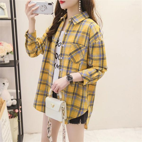 Frauen Blusen Mode Gelb Plaid Gedruckt Hemd Revers Langarm Büro Bluse 2023 Koreanische Elegante Einreiher Taste Tops