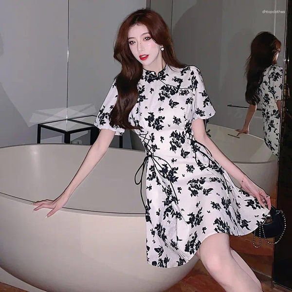 Vestidos casuais vintage floral mini vestido festa cintura alta magro vestidos coreano moda elegante retro praia curta para mulheres menina 2023