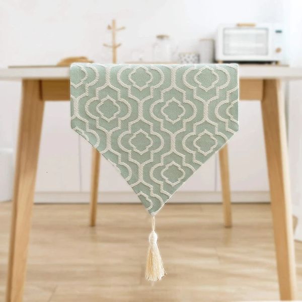 Corredor de mesa elegante jacquard turquesa algodão linho com borlas cômoda cachecol para festa em casa casamento jantar decoração 231019