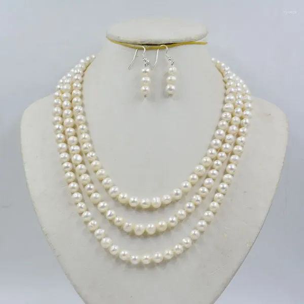 Set di orecchini per collana Orecchini di perle d'acqua dolce naturali a 3 fili da 8-9 mm. Ti fanno sembrare bella 18-20