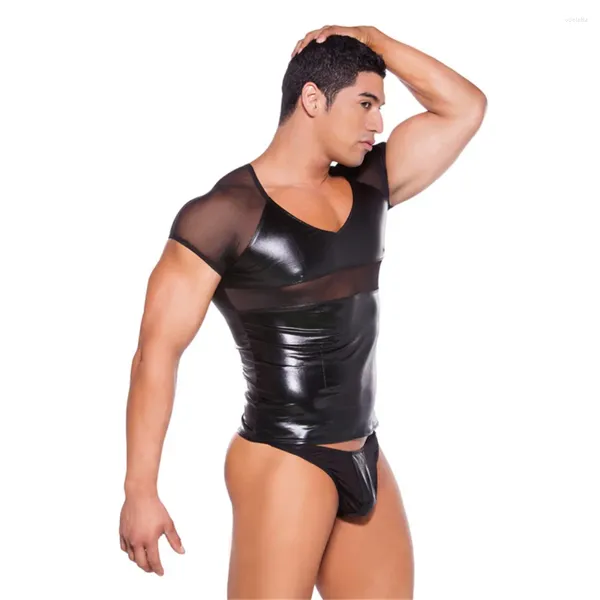 Cuecas sexy erótica masculina lingerie conjunto de couro transparente g-strings gay tangas manga curta tanque calcinha de vinil homem roupa interior