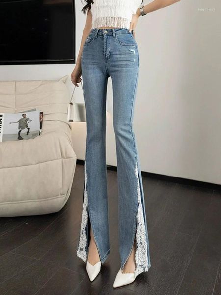 Jeans da donna Pantaloni svasati elasticizzati da donna Pantaloni skinny da donna a vita alta con ricamo in pizzo