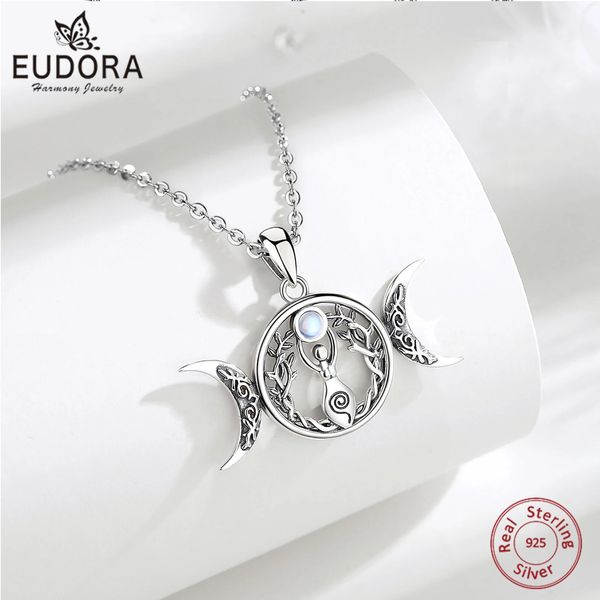 Colares Pingente Eudora 925 Sterling Silver Triple Moon Goddess Colar para Mulheres Homem Moonstone Árvore da Vida Amuleto Pingente Bruxa Jóias Presente 231020