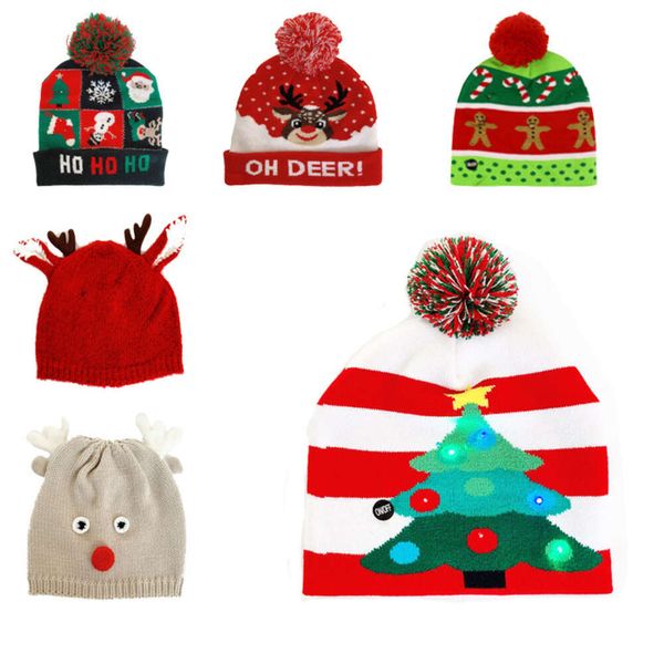 Cappello di Natale alla moda per bambini e adulti Cappello lavorato a maglia con palla di albero di Natale di alce Cappello caldo con luce colorata a LED