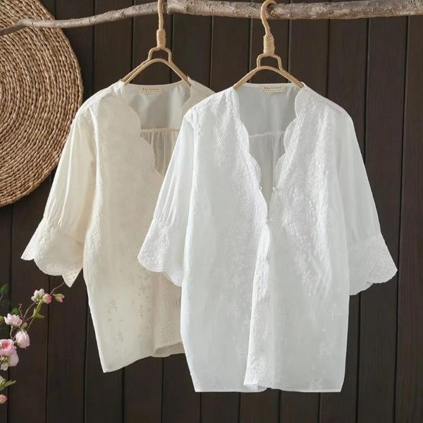 Blusas femininas camisa de renda plus size oco para fora bordado blusa branco bege algodão sólido camisas das mulheres topos e