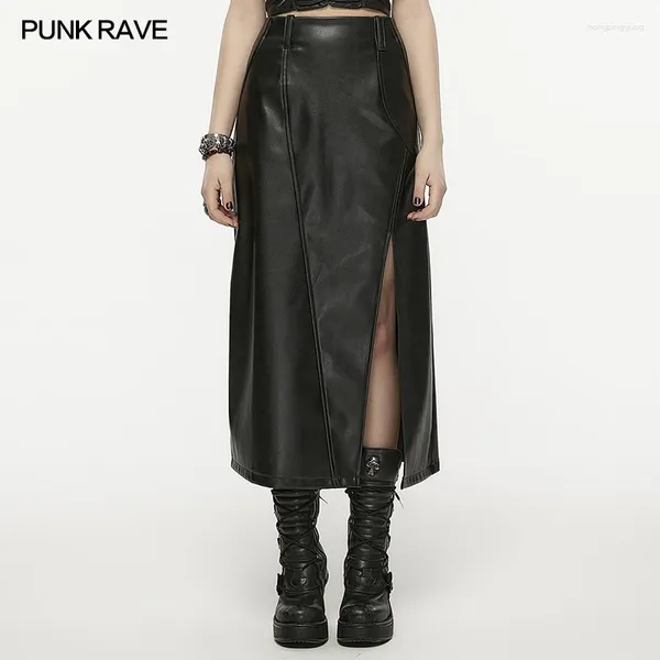 Gonne PUNK RAVE Per donna Gonna a trapezio a vita alta con spacco in ecopelle Moda quotidiana Conciso Donna Nero Asimmetrico Lungo