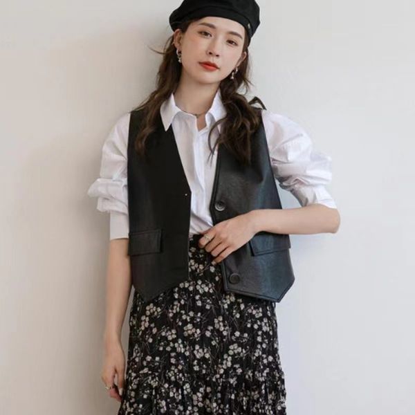 Coletes femininos punk com decote em v colete de couro feminino moda coreana recortada streetwear colete de couro vintage casual sem mangas outwear 2023 novo