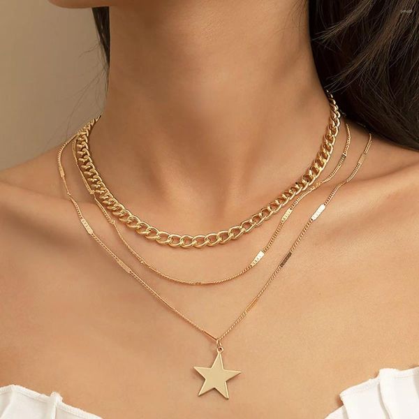 Pingente colares boho simples estrela colar feminino retro multicamadas cor de ouro metal clavícula meninas charme moda jóias presente