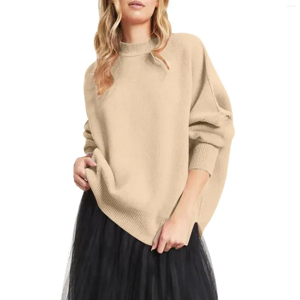 Suéter feminino gola redonda manga morcego oversized fenda lateral com nervuras suéter top inchado para mulheres