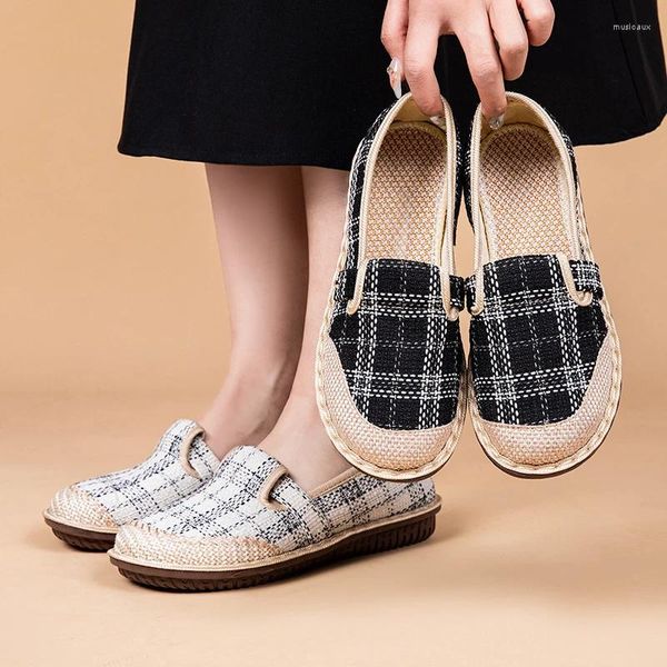 Pantofole 2023 Plaid di lino Scarpe di stoffa con zeppa Suola morbida Walking Anziani Sandalo Lady Slip-on Muller Pantofola da donna Scarpe basse estive