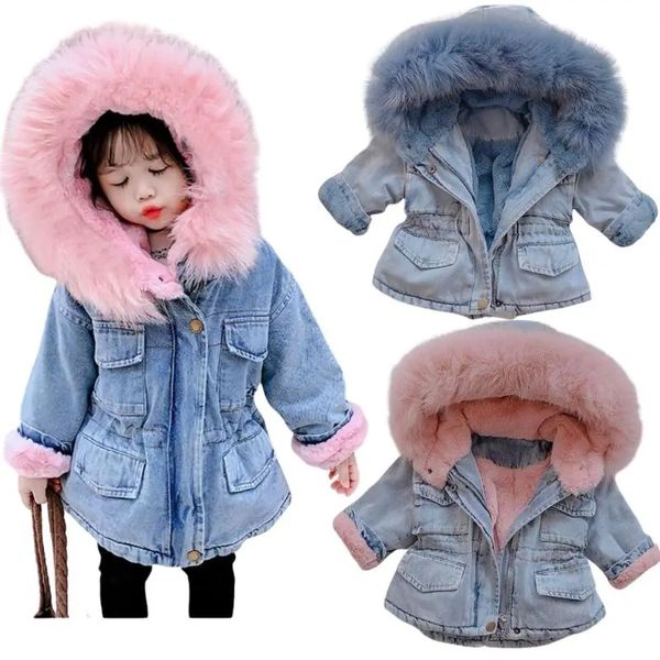 Cappotto invernale per ragazze Giacca calda per bambini Plus Giacca di jeans in velluto Abbigliamento per bambini Collo di pelliccia Neonate Giacca con cappuccio Bambino 231020