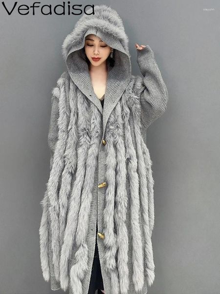 Trench da donna Vefadisa 2023 Autunno Inverno Donna Giacca a vento Tendenza moda Cappotto grigio oversize addensato in peluche lavorato a maglia di media lunghezza