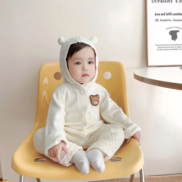 Säugling Baby Jungen Strampler Neugeborene Mädchen Baumwolle gestrickte Overalls Winter Kleinkind Overall mit Kapuze Kleidung 6–24 Monate