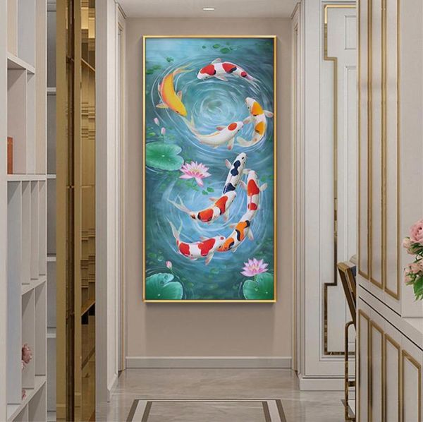 Gemälde Koi-Fische Feng Shui Karpfen Lotusteich Bilder Ölgemälde auf Leinwand Poster und Drucke Cuadros Wandkunst für Wohnzimmer9621636