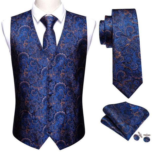 Coletes masculinos Barry Wang Homens Terno Azul Floral Colete Silk Tailored Collar V-Pescoço Verificação Masculino Colete Gravata Conjunto Formal Lazer M-20287F