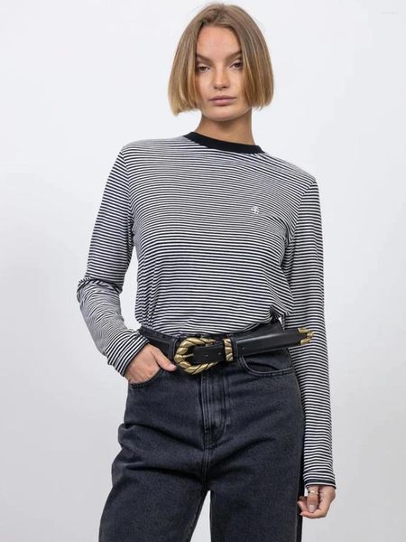 Kadın Tişörtleri Çizgili Nakış T-Shirt Kadın Pamuk Uzun Kollu Moda Tişört Tişörtleri 2023 Yaz Kıyısı Kadın Koreli Tees Tops