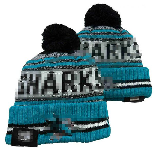 Bonés masculinos Chapéus de bola de hóquei TUBARÕES Gorro Todas as 32 equipes de malha com punhos Pom SAN JOSE Gorros listrados de lã lateral quente EUA College Sport Knit chapéus boné para mulheres a0