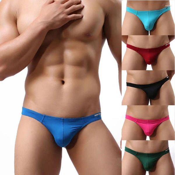 Underpants homens briefs swimwear sexy gelo seda tanga roupa interior baixa cintura troncos de natação homens grande bolsa u convexo tronco calcinha