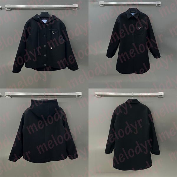 Feminino estilo curto casaco de lã outono inverno quente blusão clássico metal triângulo lã outerwear preto trench coat hoodies