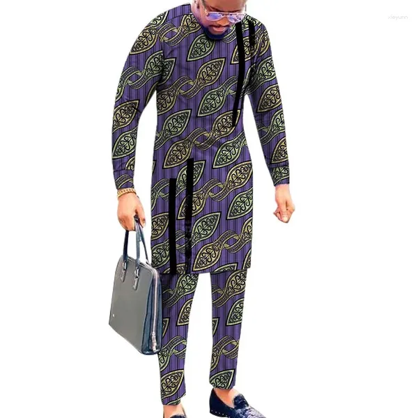 Roupas étnicas Design Listrado Estilo Nigeriano Camisas Masculinas Calças Cera Colorida Impressão Vestuário Masculino Pant Define Africano Desgaste da Festa de Casamento