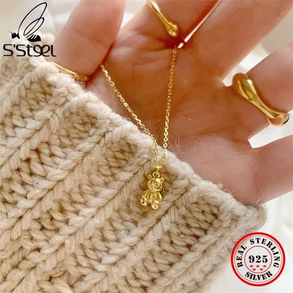 Chokers Ssteel 925 Sterling Silver Original 100% Teddy Bear Pingente Colar Charme Colares Para Mulheres Designer Gold Neckless Jóias 231020