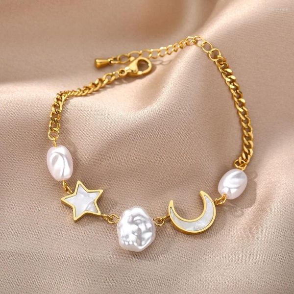 Link pulseiras 316l aço inoxidável cor de ouro estrela lua alienígena pérola charme pulseira para mulheres sorte meninas pulso jóias presentes festa