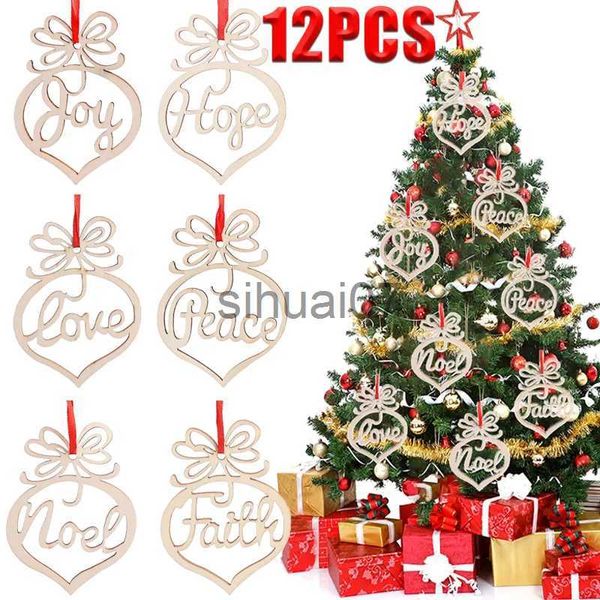 Decorações de Natal 12/6 PCS Pingentes ocos de madeira de Natal Enfeites pendurados em árvore de Natal DIY Artesanato de madeira para casa Festa de Natal Decorações de ano novo x1020