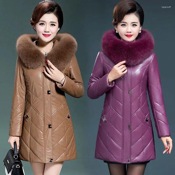 Mulheres Trench Coats Mulheres Outono Inverno Manga Longa Jaqueta Parkas Feminino Gola de Pele Parka Senhoras Cor Sólida Pu Acolchoado Outerwear Casual